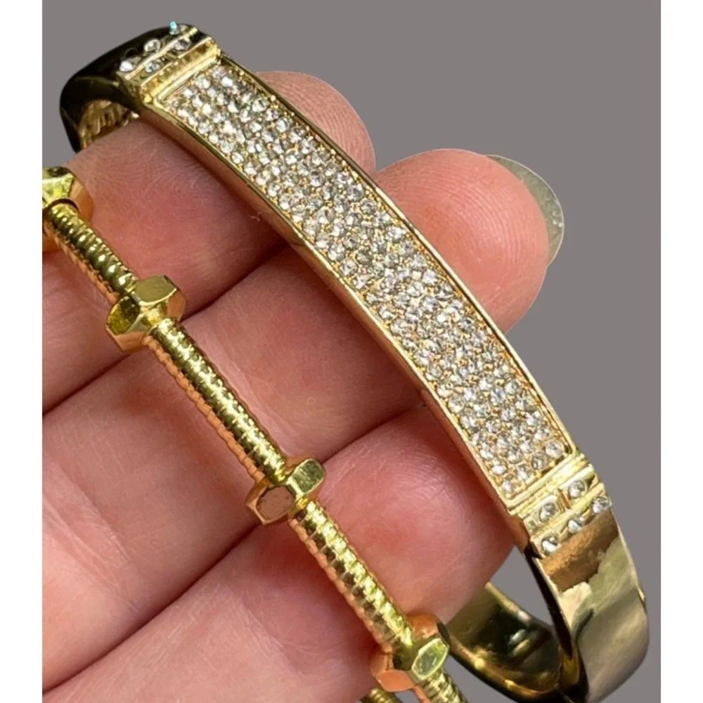 LOT OF 9 BRACELETS Cuff and Bangle Bracelet CLEAR STONES Gold Tone ELEGANT BLING